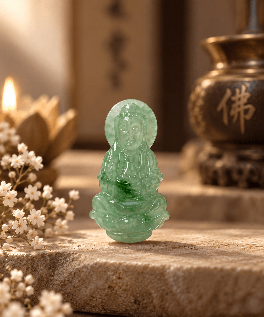Bouddha Guanyin en jadéite birmane - AME Jewellery