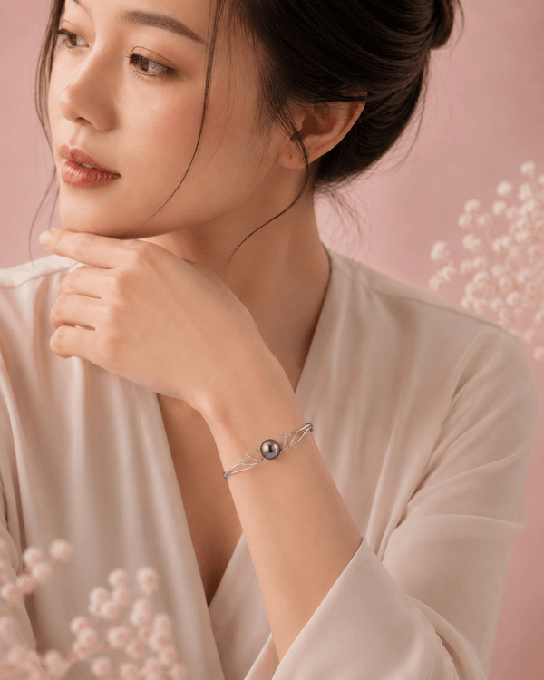 Bracelet lotus en argent sterling et perle de culture d’eau douce peacock - AME Jewellery