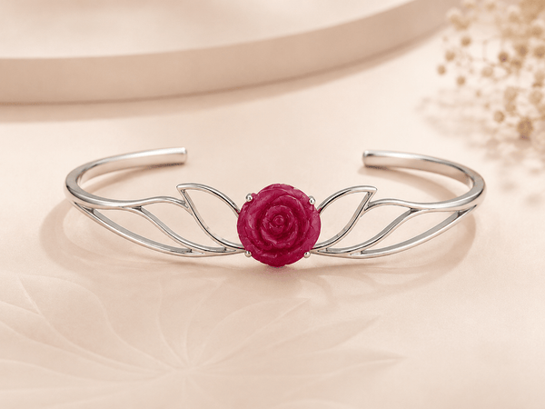 Bracelet jonc en argent sterling avec fleur de rose en rubis - AME Jewellery