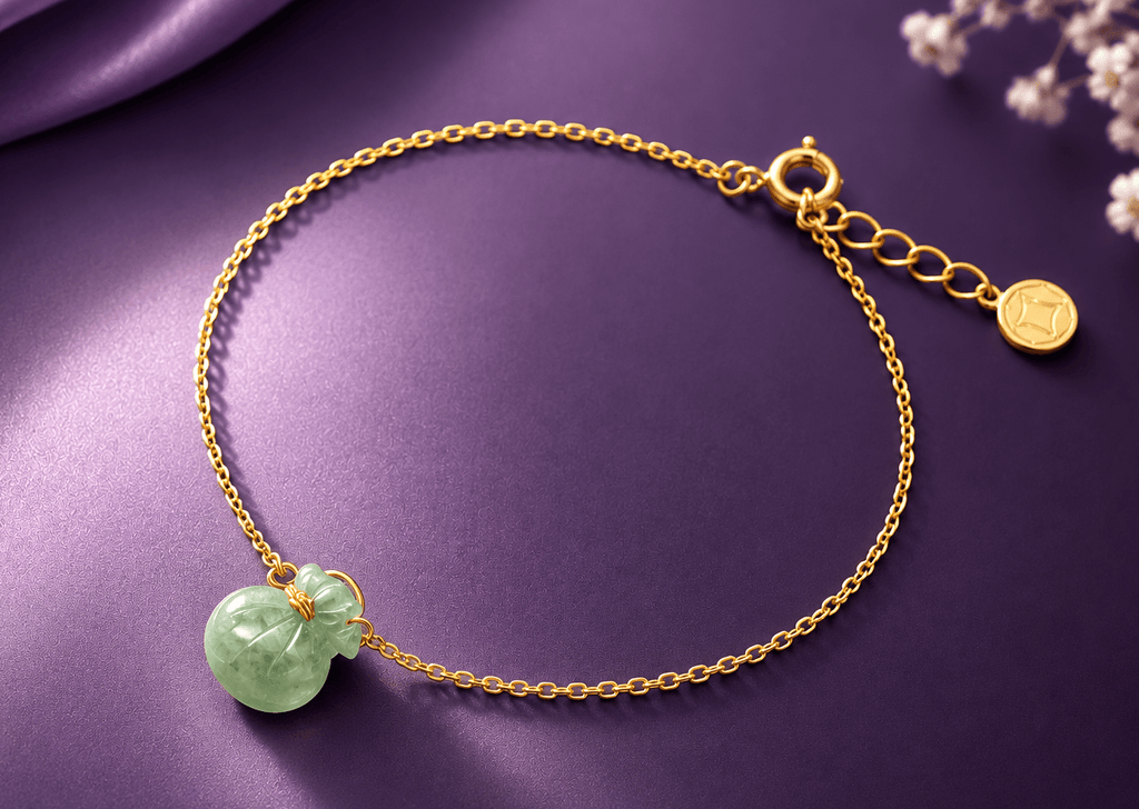 Money Bag Jadeite Jade Bracelet in 14K Yellow Gold by AME Jewellery.