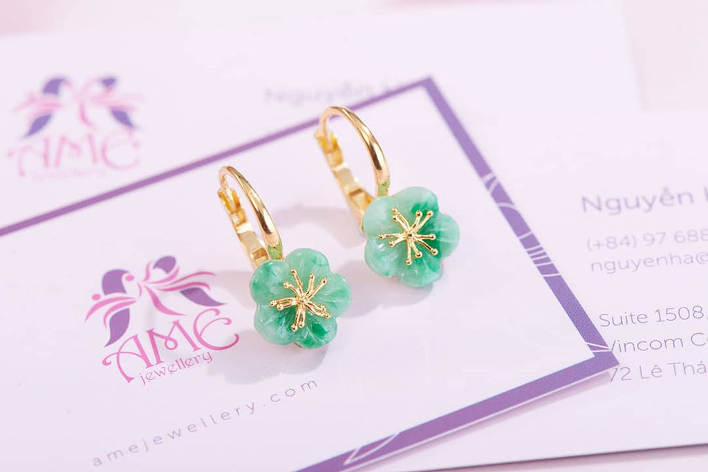 Jadeite Jade Carved Apricot Blossom Earrings 14K Yellow Gold | AME Jewellery