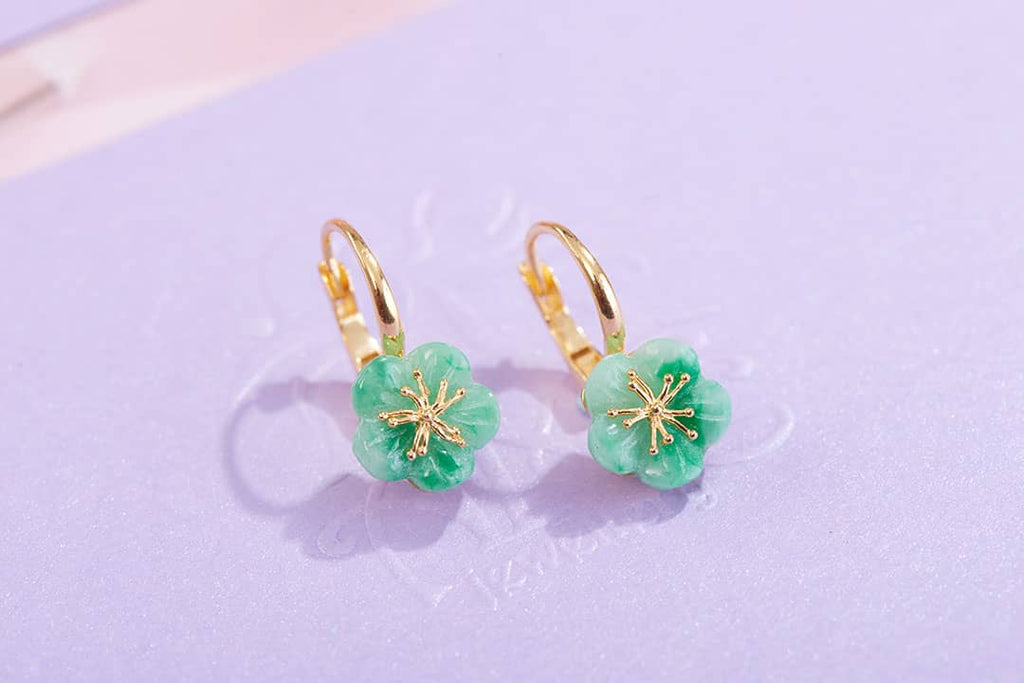 Jadeite Jade Carved Apricot Blossom Earrings 14K Yellow Gold | AME Jewellery