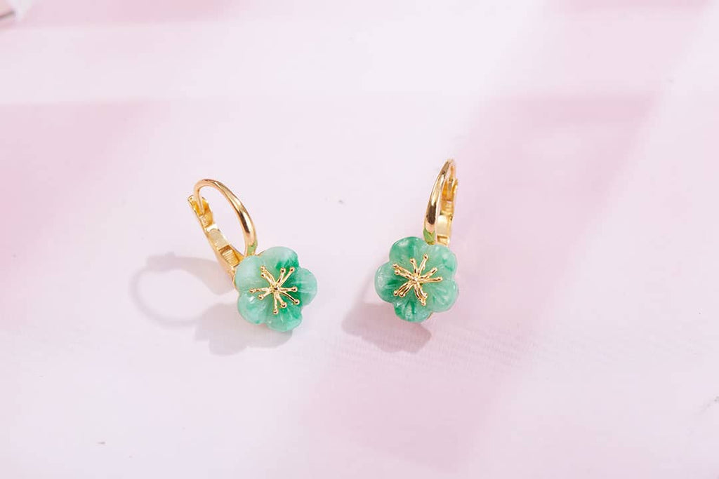 Jadeite Jade Carved Apricot Blossom Earrings 14K Yellow Gold | AME Jewellery