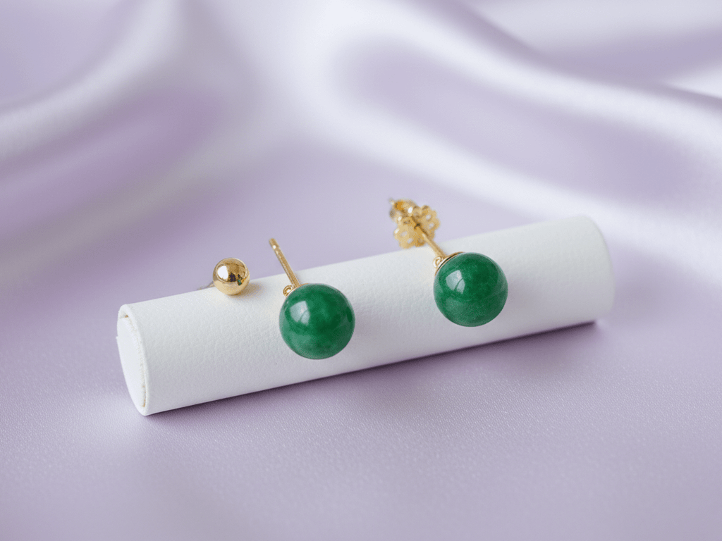 Bông tai Vàng Đá quý Cẩm Thạch thiên nhiên Natural Burmese Jadeite Jade Earrings in 14K Yellow Gold by AME Jewellery