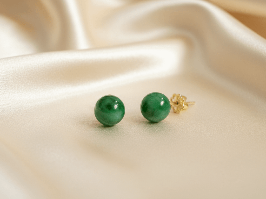 Bông tai Vàng Đá quý Cẩm Thạch thiên nhiên Natural Burmese Jadeite Jade Earrings in 14K Yellow Gold by AME Jewellery