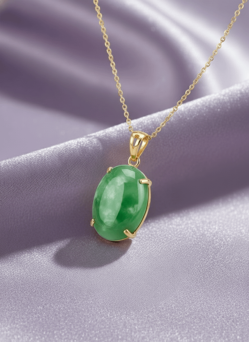 Experience timeless elegance with this exquisite jadeite pendant necklace, crafted in 14-karat yellow gold by AME Jewellery.