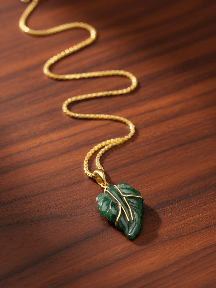 Mặt dây chuyền Vàng Lá cẩm thạch thiên nhiên Burmese Jadeite Jade Leaf Pendant in 14K Yellow Gold by AME Jewellery