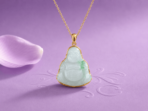 Burmese Jadeite Jade Maitreya Buddha Pendant in 14K Yellow Gold - AME Jewellery
