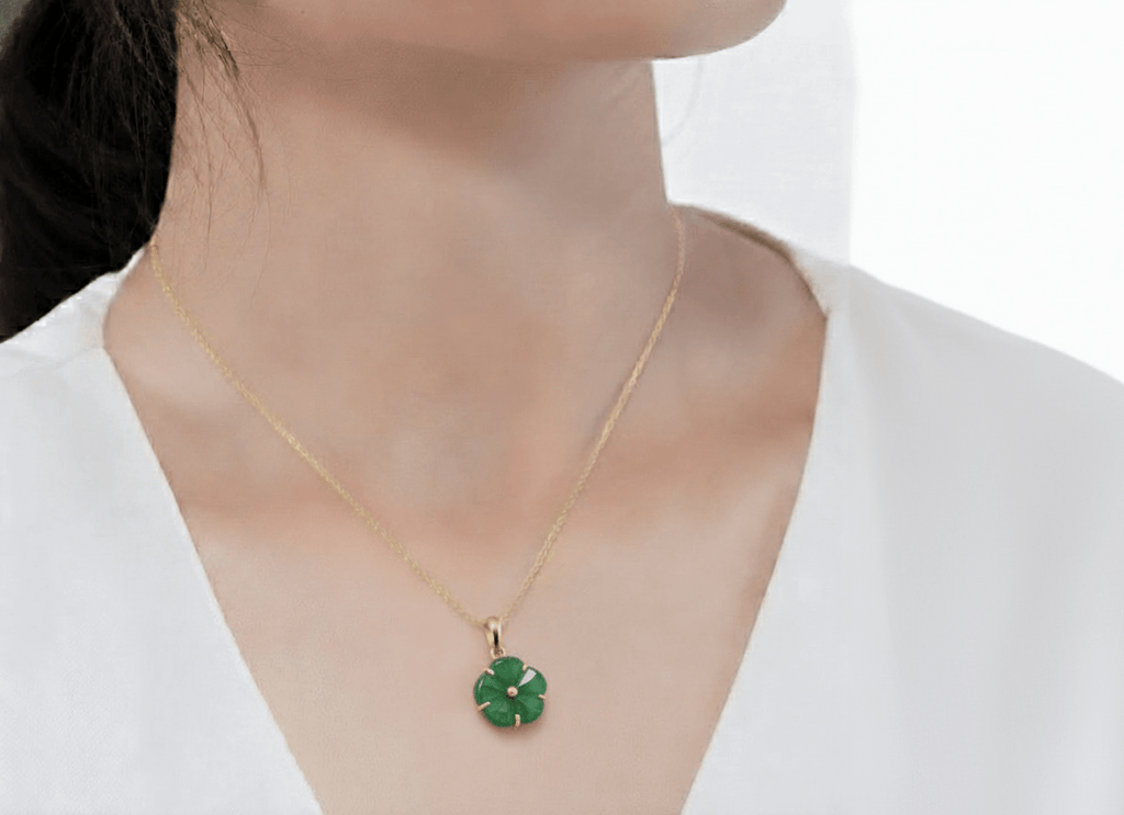 Mặt dây chuyền Vàng Đá quý thiên nhiên Cẩm Thạch Burmese Jadeite Apricot Blossom Flower Pendant Neclace in 14K Yellow Gold by AME Jewellery