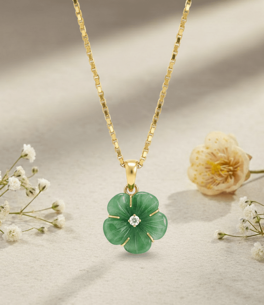 Mặt dây chuyền Vàng Đá quý thiên nhiên Cẩm Thạch Burmese Jadeite Apricot Blossom Flower Pendant Neclace in 14K Yellow Gold by AME Jewellery