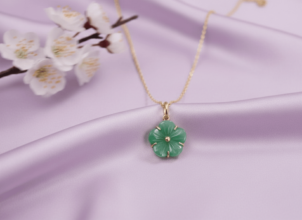Mặt dây chuyền Vàng Đá quý thiên nhiên Cẩm Thạch Burmese Jadeite Apricot Blossom Flower Pendant Neclace in 14K Yellow Gold by AME Jewellery