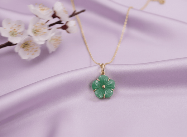 Mặt dây chuyền Vàng Đá quý thiên nhiên Cẩm Thạch Burmese Jadeite Apricot Blossom Flower Pendant Neclace in 14K Yellow Gold by AME Jewellery