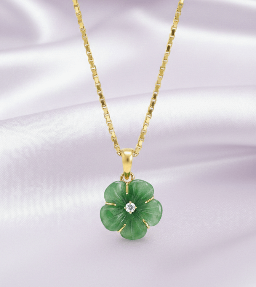 Mặt dây chuyền Vàng Đá quý thiên nhiên Cẩm Thạch Burmese Jadeite Apricot Blossom Flower Pendant Neclace in 14K Yellow Gold by AME Jewellery