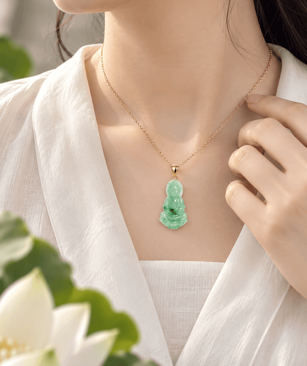Burmese Natural Jadeite Carving Guanyin Buddha Pendant Necklace in 14K Yellow Gold - AME Jewellery