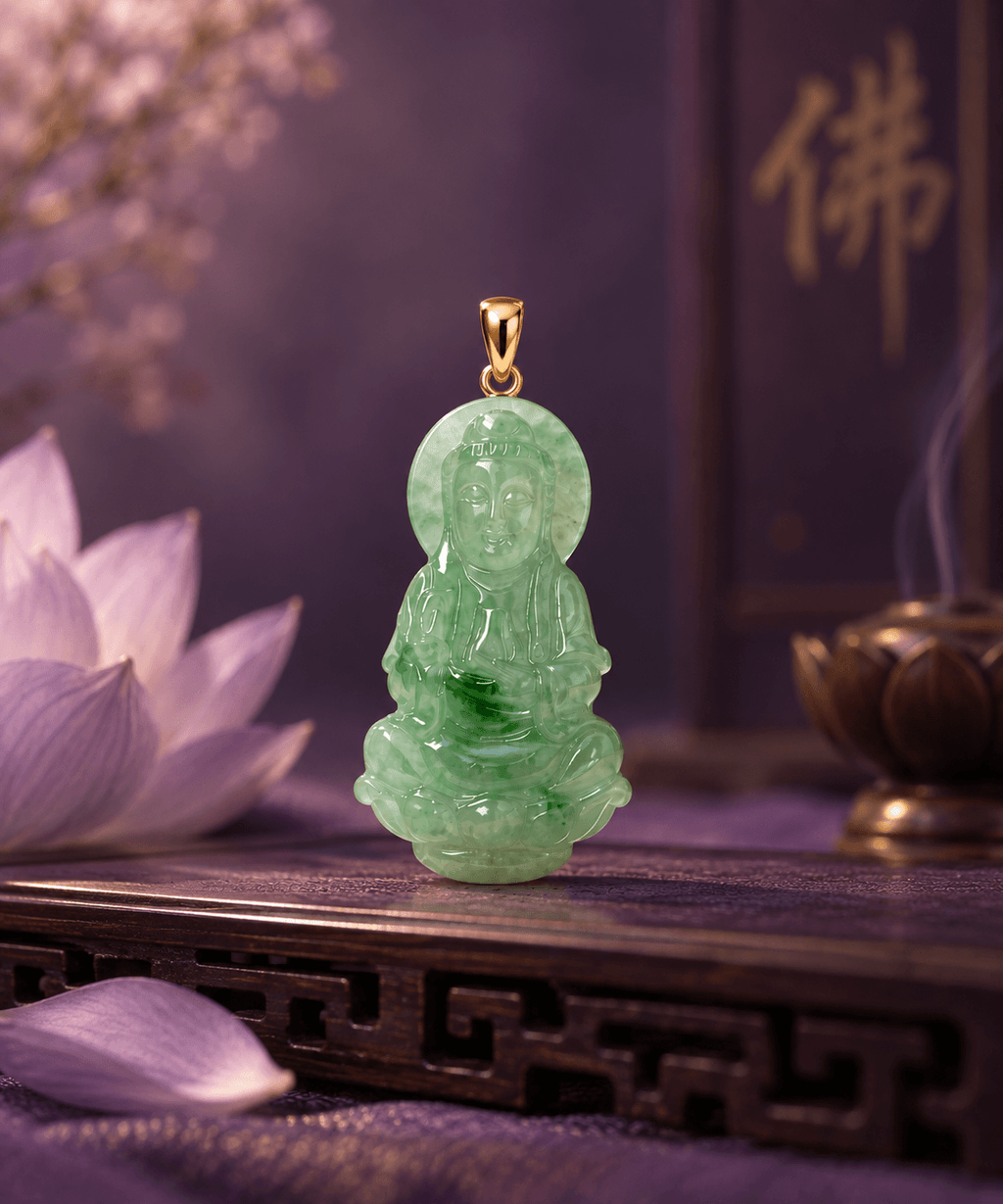 Burmese Natural Jadeite Carving Guanyin Buddha Pendant Necklace in 14K Yellow Gold - AME Jewellery