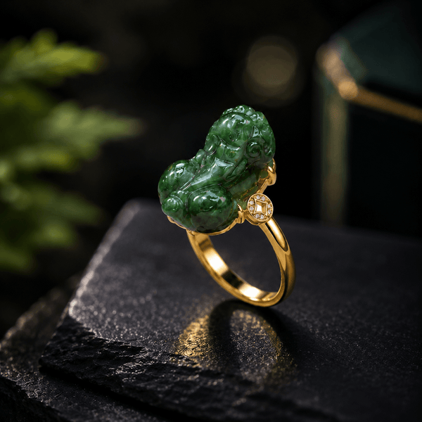 Burmese Jadeite Pixiu (貔貅) Ring with Lucky Coin in 14K Yellow Gold - AME Jewellery