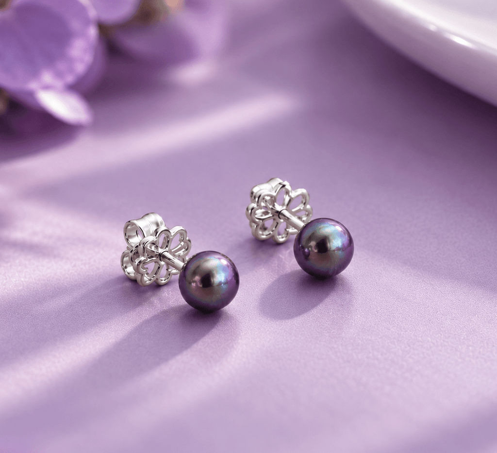 Button / Half-Round Aubergine Freshwater Cultured Pearl Stud Earrings in Sterling Silver for Women - AME Jewellery