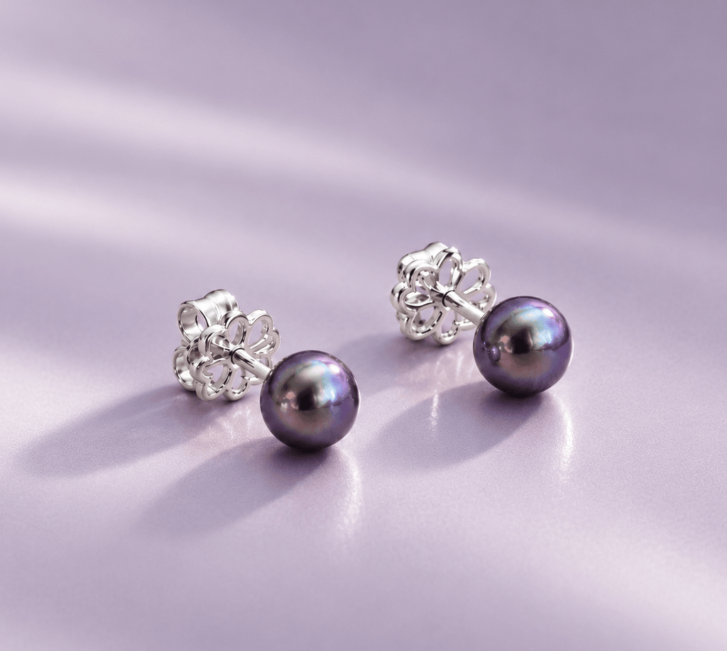 Button / Half-Round Aubergine Freshwater Cultured Pearl Stud Earrings in Sterling Silver for Women - Ame Jewellery