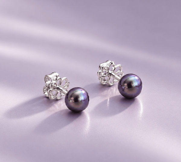 Button / Half-Round Aubergine Freshwater Cultured Pearl Stud Earrings in Sterling Silver for Women - Ame Jewellery