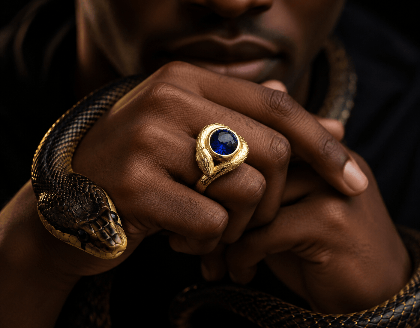 Natural Cabochon Blue Sapphire Snake Ring in 14K Yellow Gold - AME Jewellery