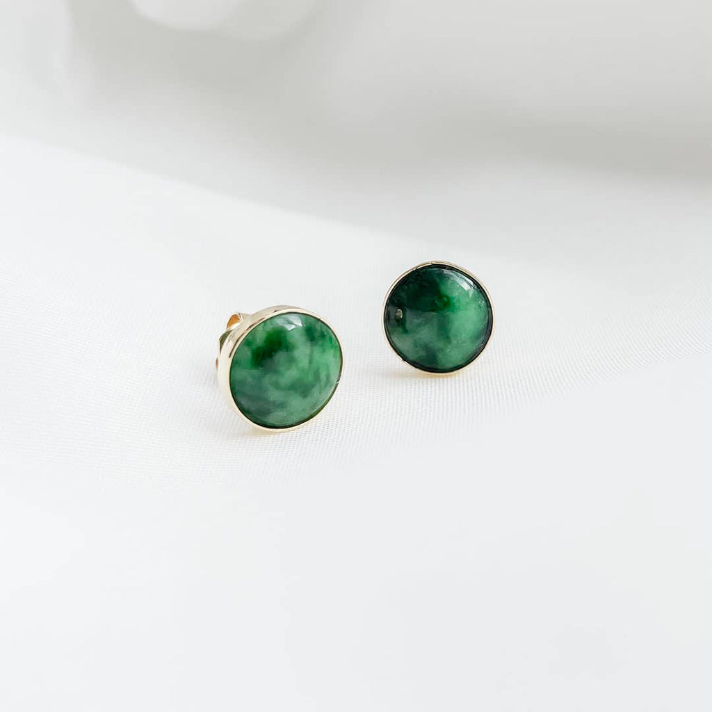 Bông tai Vàng Cẩm thạch thiên nhiên Burmese Cabochon Jadeite Jade Earrings 14K Yellow Gold by AME Jewellery