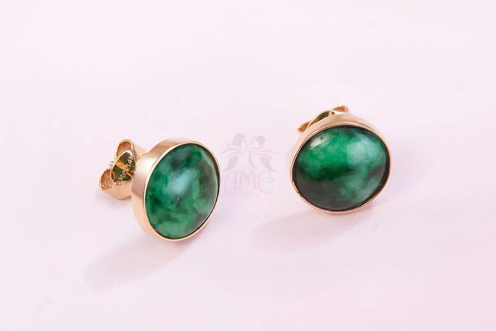 Bông tai Vàng Cẩm thạch thiên nhiên Burmese Cabochon Jadeite Jade Earrings 14K Yellow Gold by AME Jewellery