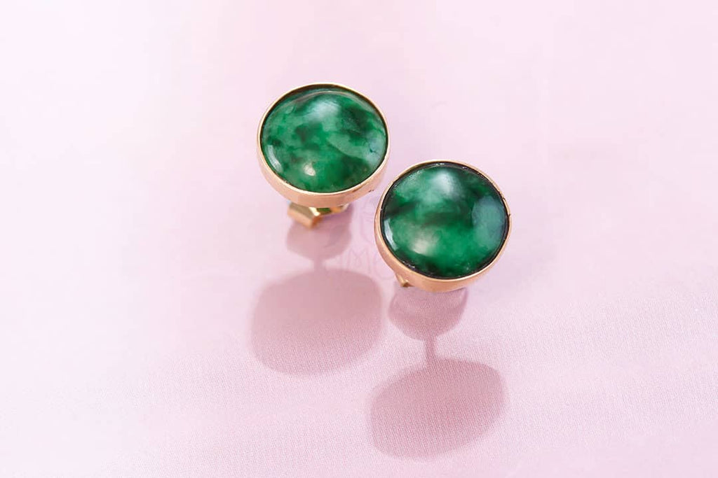 Bông tai Vàng Cẩm thạch thiên nhiên Burmese Cabochon Jadeite Jade Earrings 14K Yellow Gold by AME Jewellery