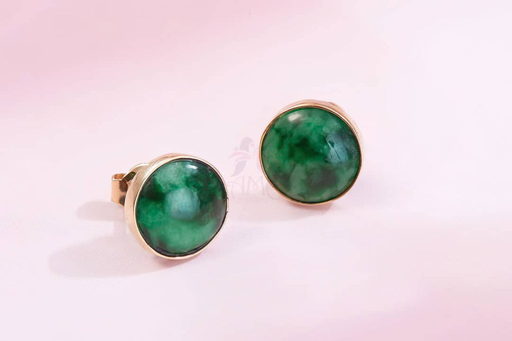 Bông tai Vàng Cẩm thạch thiên nhiên Burmese Cabochon Jadeite Jade Earrings 14K Yellow Gold by AME Jewellery