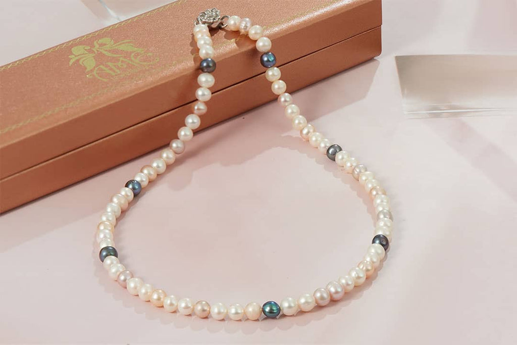 Vòng cổ Chuỗi Ngọc trai ngũ sắc khoá Hoa sen | Multi-color Pearl Strand Necklace Lotus Clasp by AME Jewellery