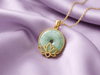Burmese Natural Donut Circle Jadeite Jade Lotus Pendant Necklace in 14K Yellow Gold by AME Jewellery