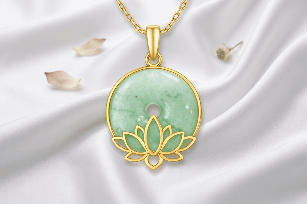Burmese Natural Donut Circle Jadeite Jade Lotus Pendant Necklace in 14K Yellow Gold by AME Jewellery