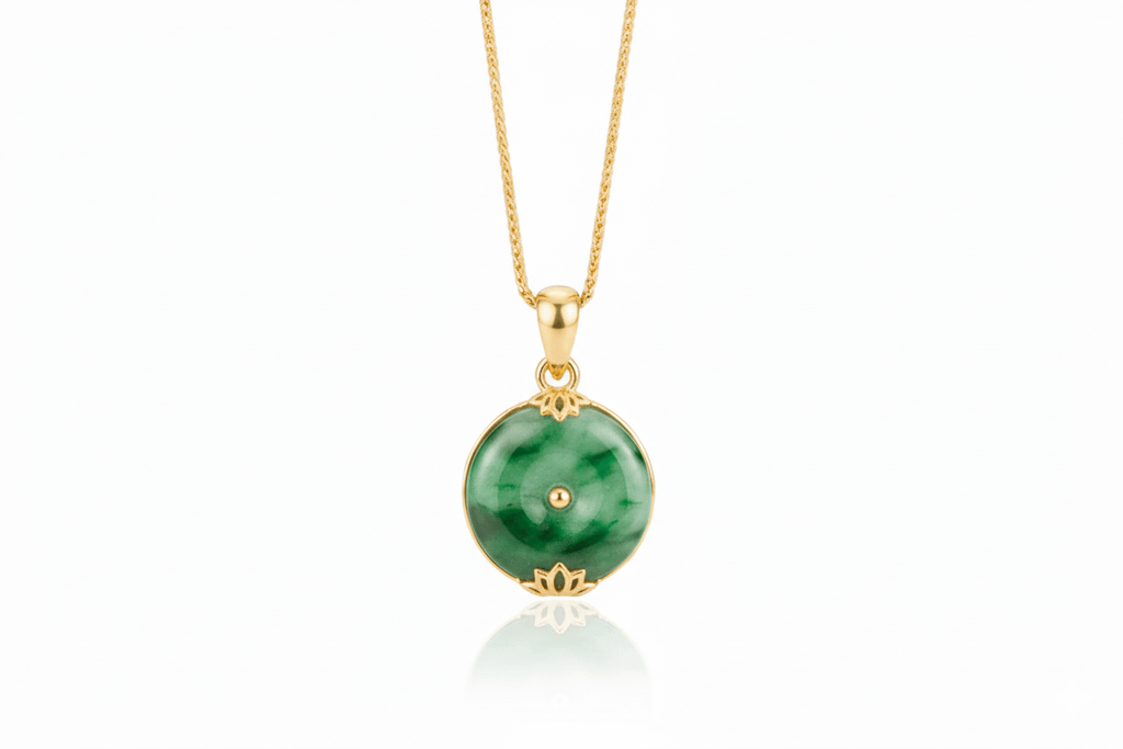 Mặt dây Hoa Sen Vàng 14K Đồng Điếu Cẩm thạch thiên nhiên Burmese Bi Jadeite Jade Lotus Pendant in 14K Yellow Gold by AME Jewellery