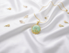 Burmese Natural Donut Circle Jadeite Jade Lotus Pendant Necklace in 14K Yellow Gold by AME Jewellery