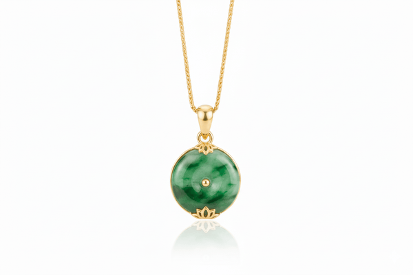 Mặt dây Hoa Sen Vàng 14K Đồng Điếu Cẩm thạch thiên nhiên Burmese Bi Jadeite Jade Lotus Pendant in 14K Yellow Gold by AME Jewellery