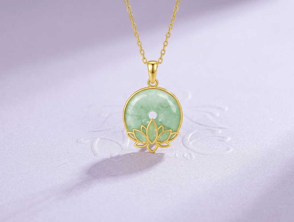 Burmese Natural Donut Circle Jadeite Jade Lotus Pendant Necklace in 14K Yellow Gold by AME Jewellery