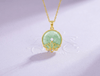Burmese Natural Donut Circle Jadeite Jade Lotus Pendant Necklace in 14K Yellow Gold by AME Jewellery