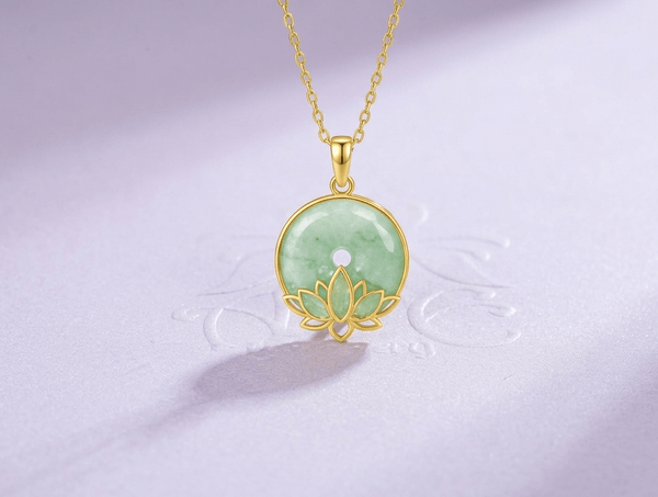 Burmese Natural Donut Circle Jadeite Jade Lotus Pendant Necklace in 14K Yellow Gold by AME Jewellery