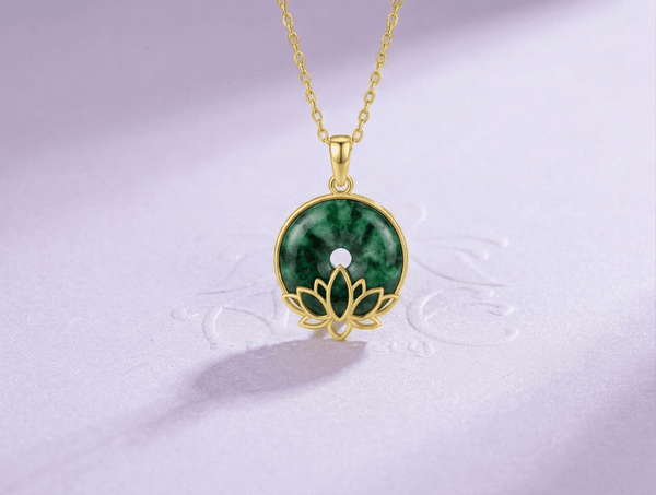 Burmese Natural Donut Circle Jadeite Jade Lotus Pendant Necklace in 14K Yellow Gold by AME Jewellery