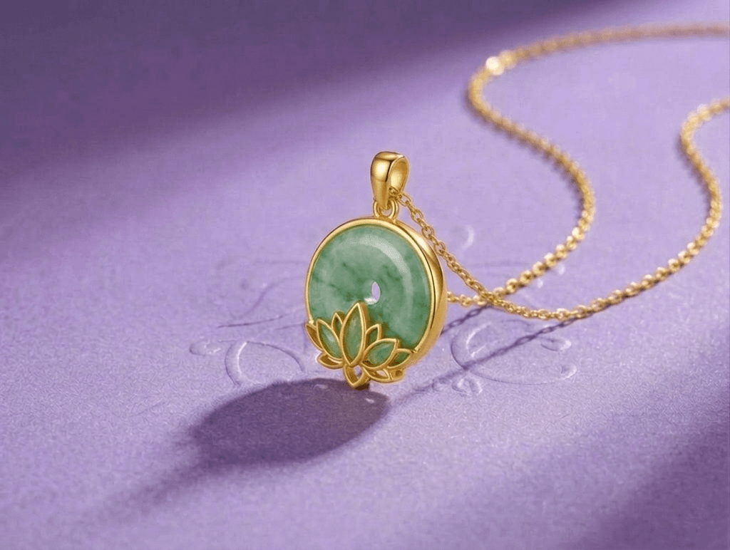 Burmese Natural Donut Circle Jadeite Jade Lotus Pendant Necklace in 14K Yellow Gold by AME Jewellery