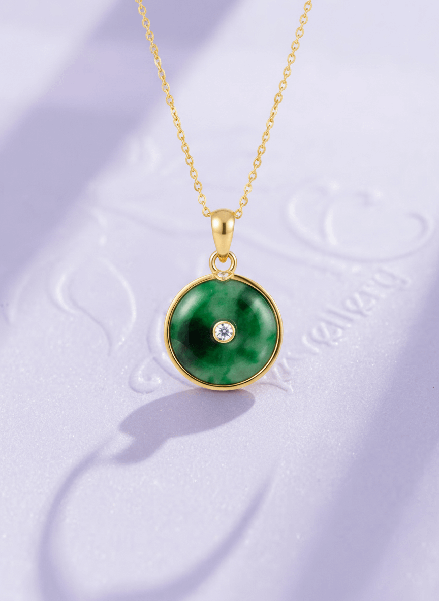 Circle Jadeite Jade Pendant Necklace in 14K Yellow Gold | AME Jewellery