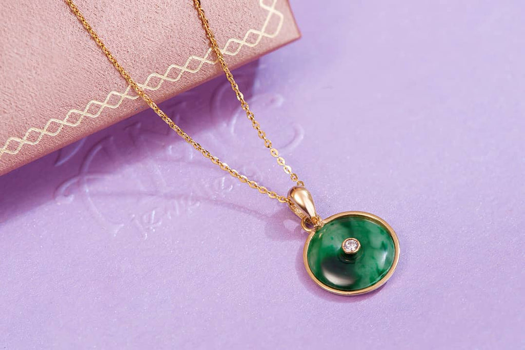 Circle Jadeite Jade Pendant Necklace in 14K Yellow Gold | AME Jewellery