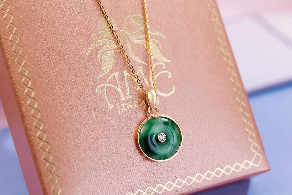 Circle Jadeite Jade Pendant Necklace in 14K Yellow Gold | AME Jewellery