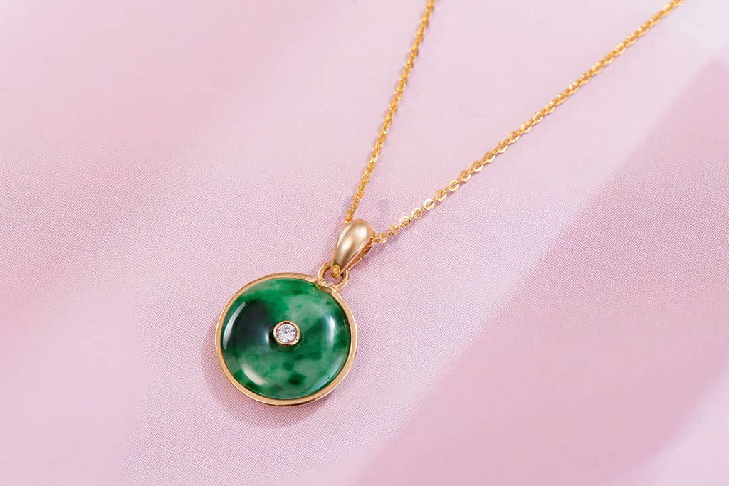 Circle Jadeite Jade Pendant Necklace in 14K Yellow Gold | AME Jewellery