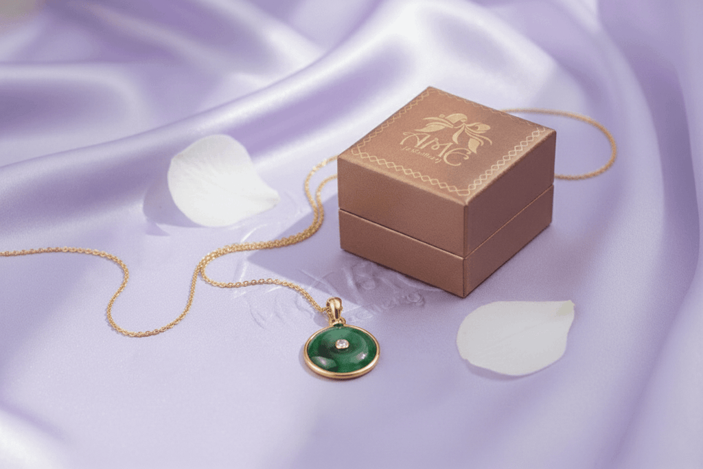 Circle Jadeite Jade Pendant Necklace in 14K Yellow Gold | AME Jewellery