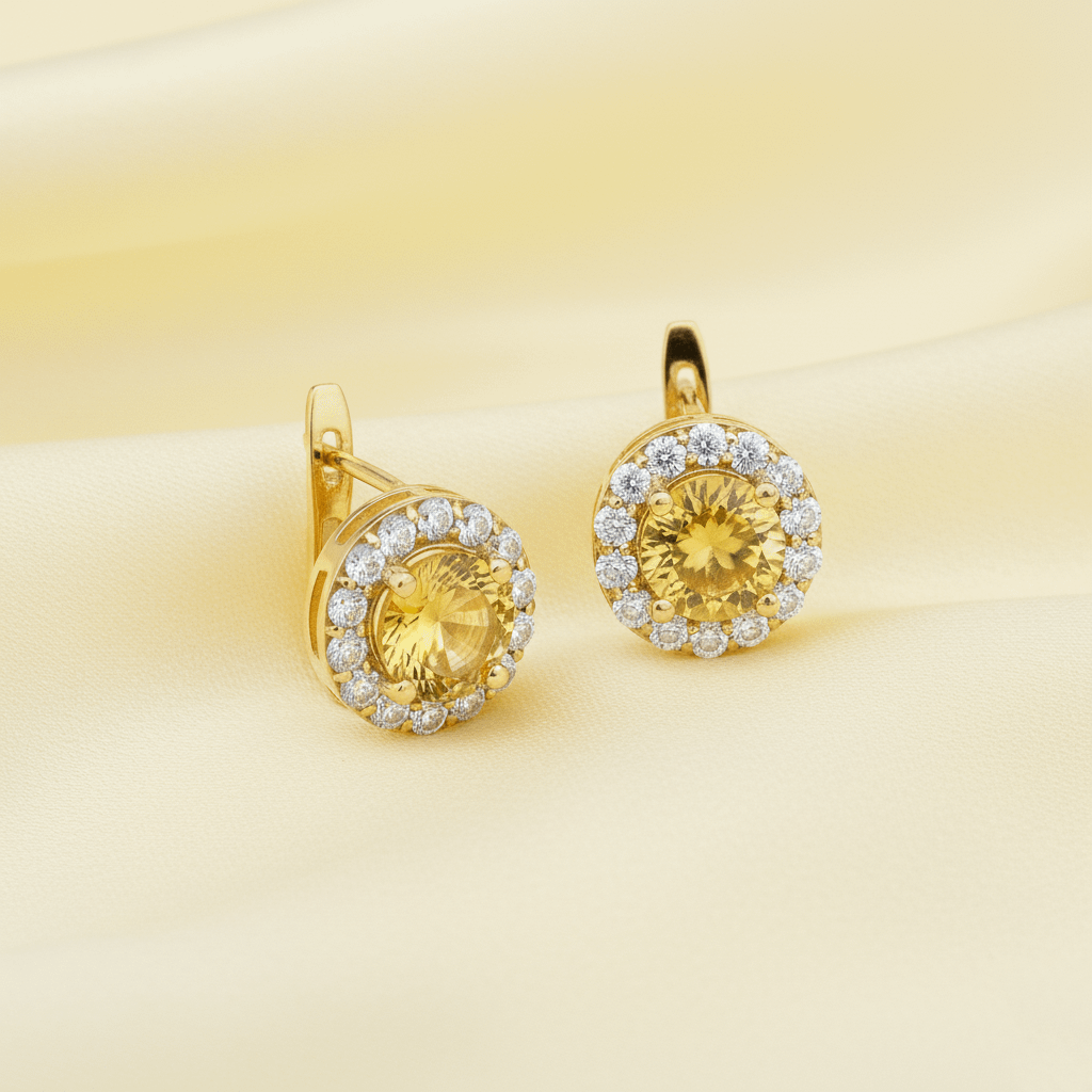 Bông tai Vàng Đá quý tự nhiên Citrine Halo Earrings in 14K Yellow Gold by AME Jewellery