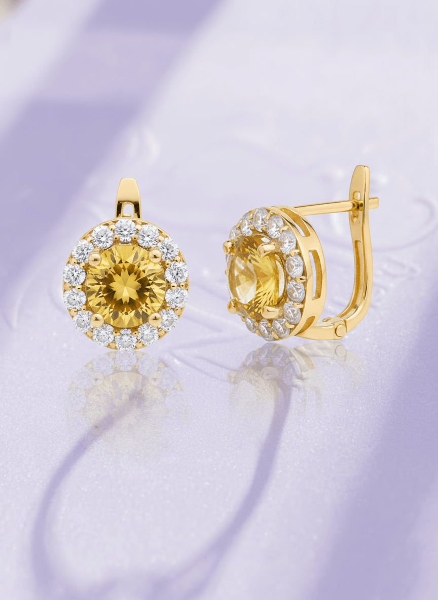 Bông tai Vàng Đá quý tự nhiên Citrine Halo Earrings in 14K Yellow Gold by AME Jewellery