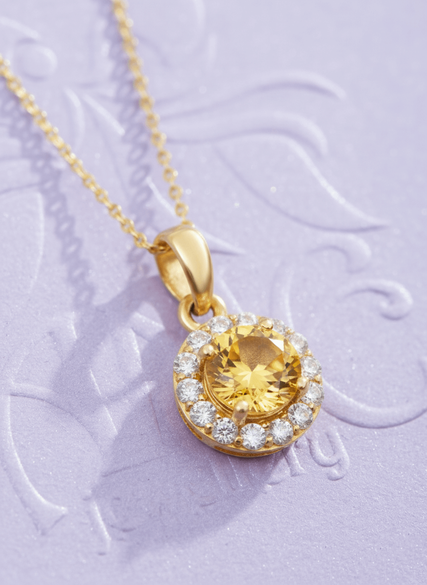 Mặt dây chuyền Vàng Đá quý tự nhiên Citrine Halo Pendant Necklace in 14K Yellow Gold by AME Jewellery