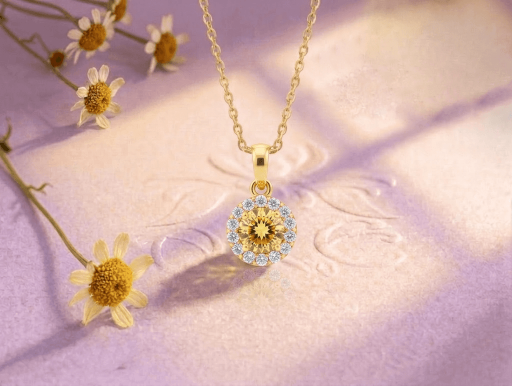 Collier pendentif halo en or jaune 14K avec citrine naturelle par AME Jewellery