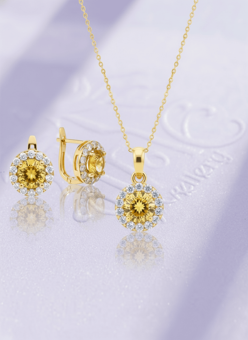 Bộ trang sức Vàng Đá quý tự nhiên Citrine Halo setting in 14K Yellow Gold by AME Jewellery