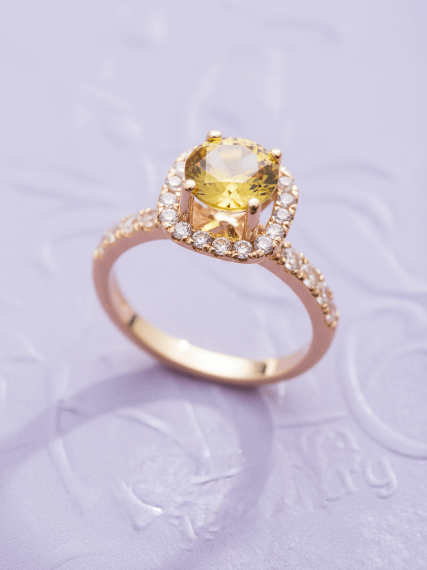 Nhẫn Vàng Đá quý tự nhiên Citrine Square Halo Ring in 14K Yellow Gold by AME Jewellery